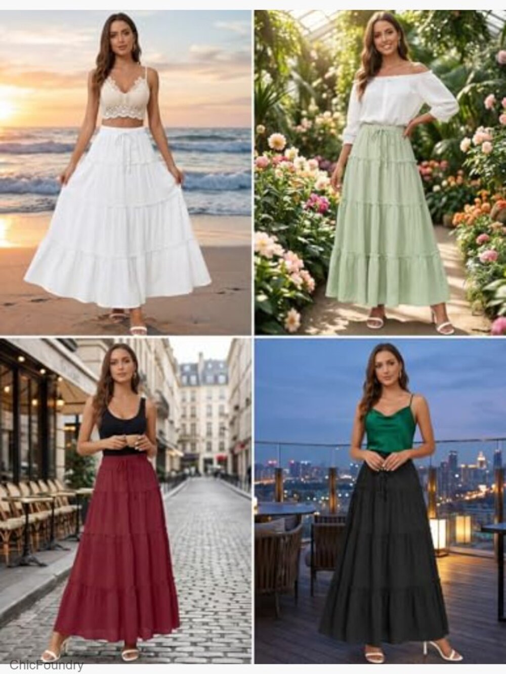 Flowy Ruffle Tiered Elastic High Waisted A Line Maxi Skirt Boho Beach Vacation - Picture 6 of 7